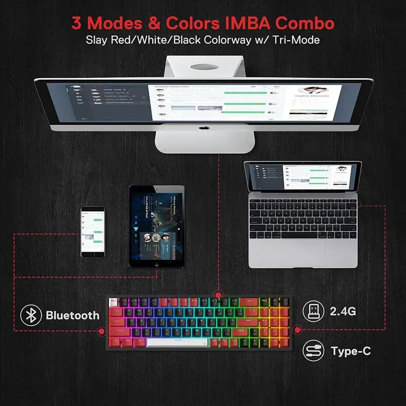 Redragon K628 PRO 75% 3-Mode Bluetooth 2.4Ghz Wireless RGB USB LED Gaming Keyboard 78 Keys Hot Swappable Compact Mechanical
