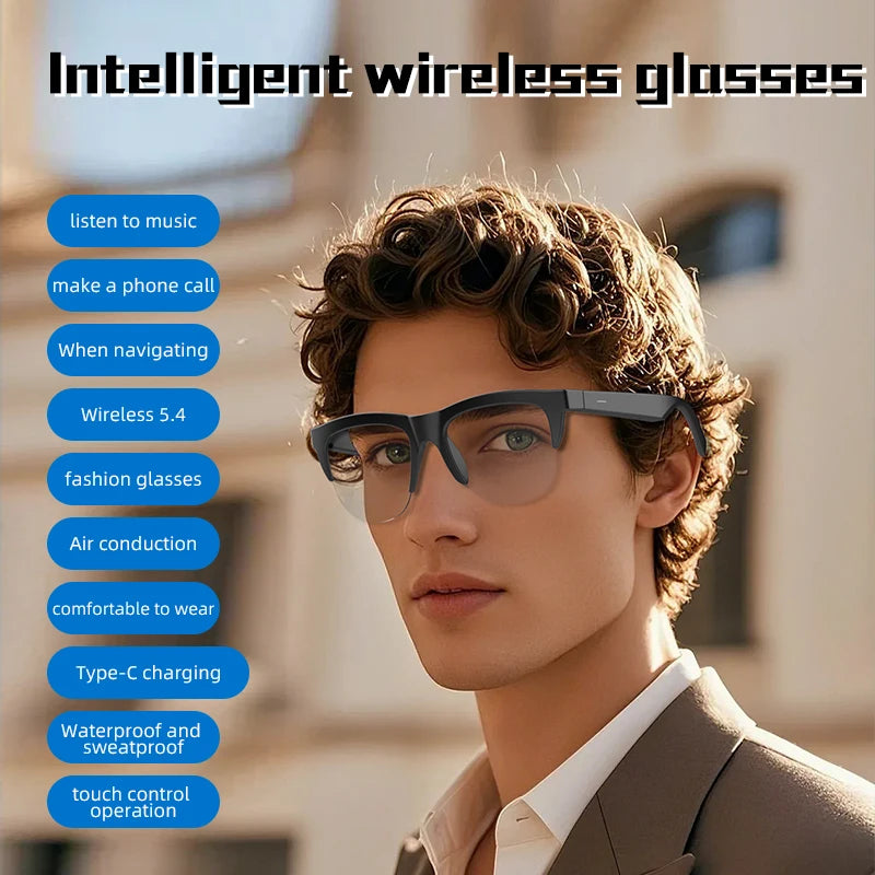 F02 Transparent Lens Bluetooth Audio Glasses | Open-Ear Speakers | Anti-Blue Light | Smart Touch Control | Office & Daily Use
