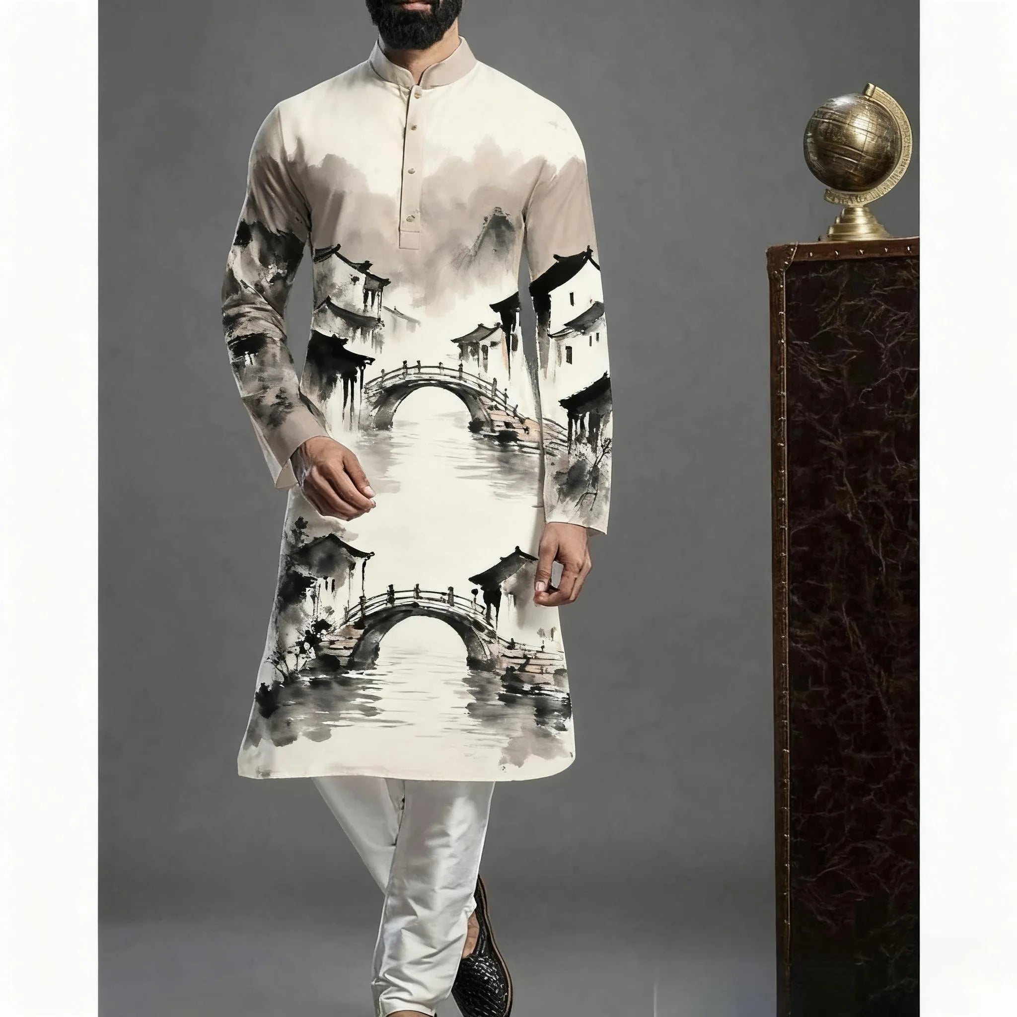 Muslim Kurtta Shirt Men Clothes Folk Kaftan Musulman Kurta Indian Islamic Clothing National Printed Long Sleeve Shirts