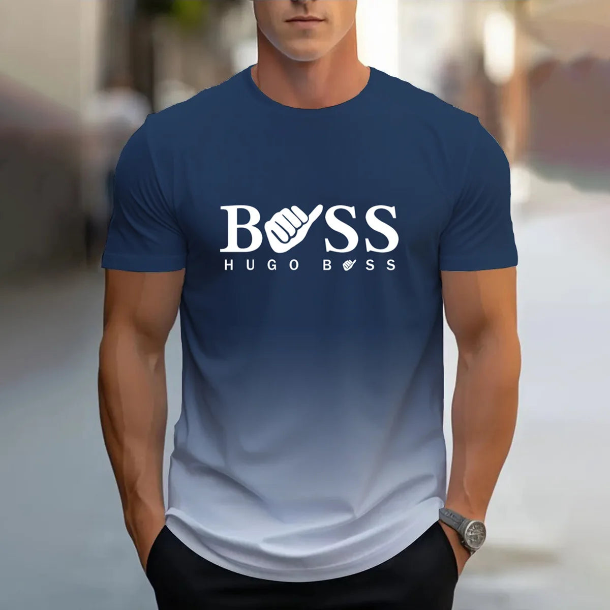 men's summer clothing casual gradient color short sleeved digital letter printed casual versatile round neck T-shirt top for men