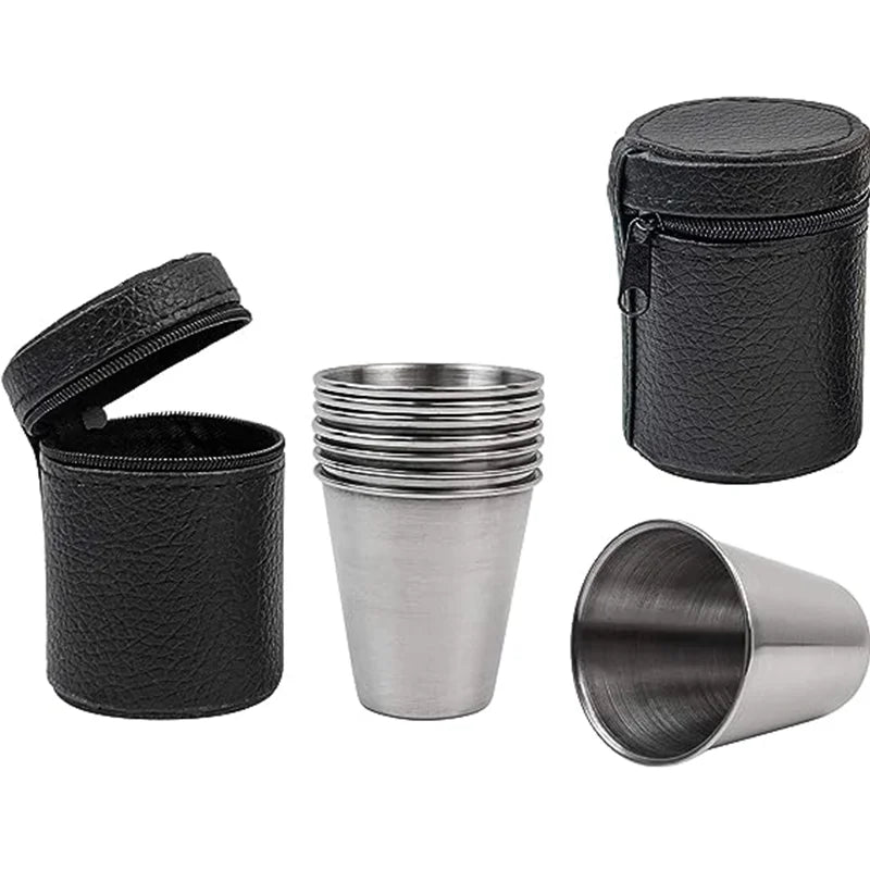 Outdoor camping -4-piece set of stainless steel mini whiskey glasses, portable black leather bag, 30ml/70ml/160ml