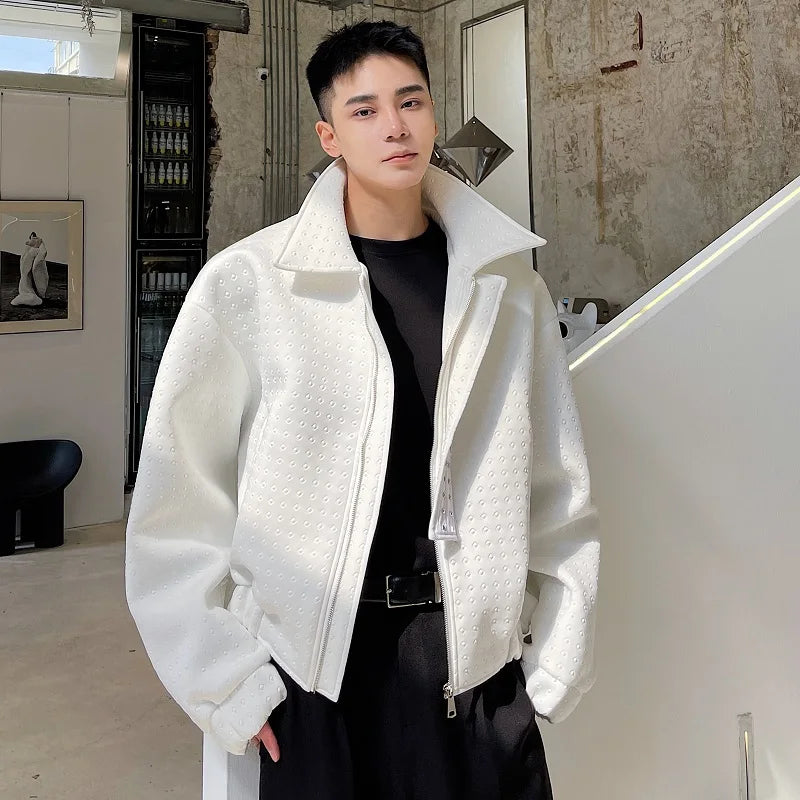 Metal Rivet Design Loose Fit Stand Collar Zipper Jaet Men's Outerwear Casual Winter Coat Youth Trend Polyester Fabric