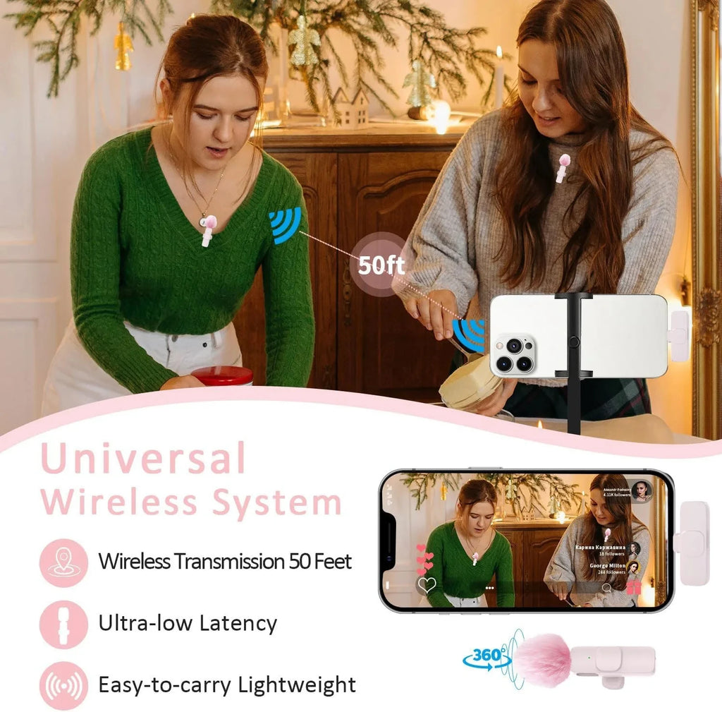 Pink &White K60 Wireless Lavalier Microphone Smartphone,Clip On Lapel Mic Plug-Play Microphone For Video Audio Recording