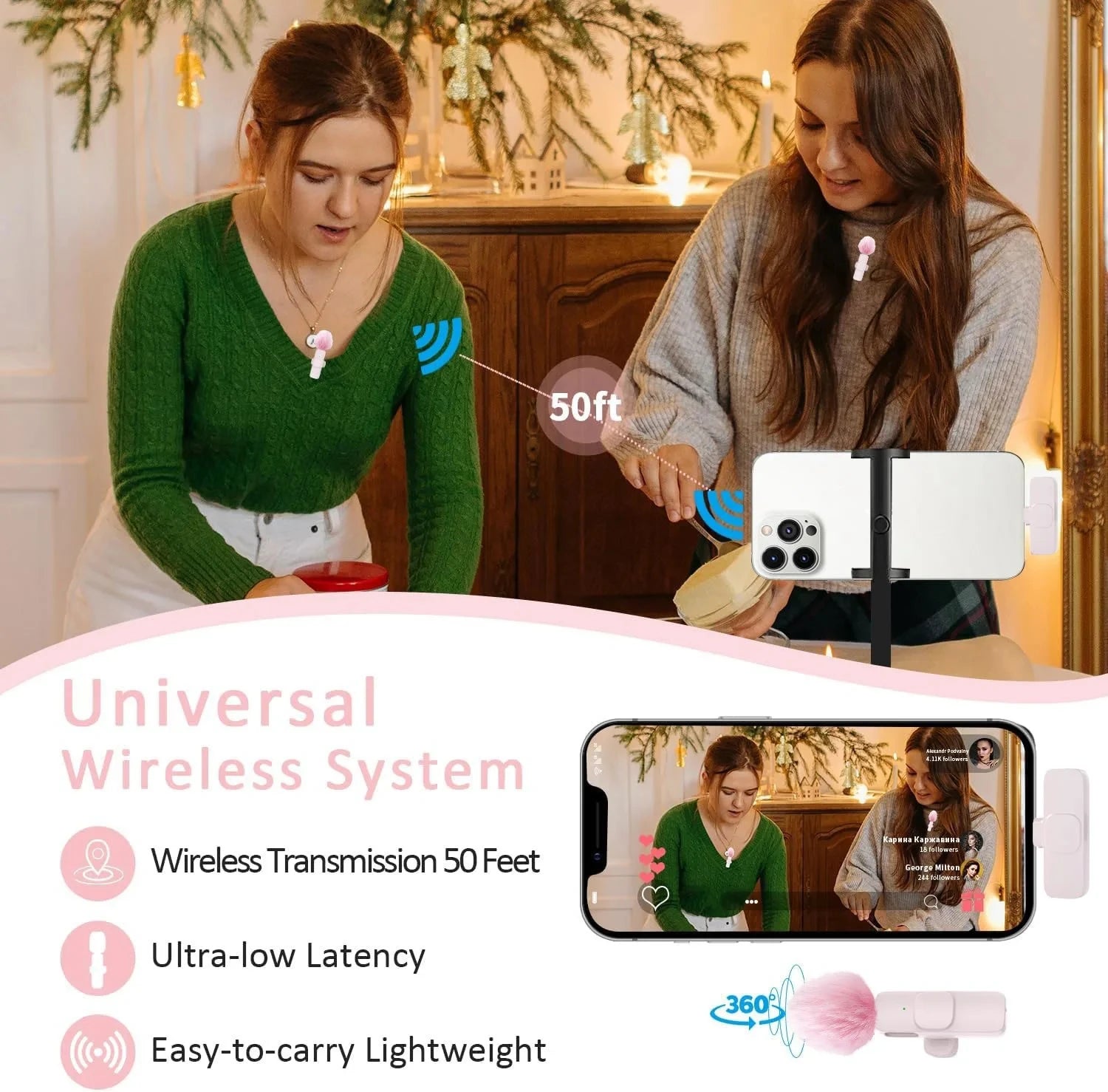 Pink &White K60 Wireless Lavalier Microphone Smartphone,Clip On Lapel Mic Plug-Play Microphone For Video Audio Recording