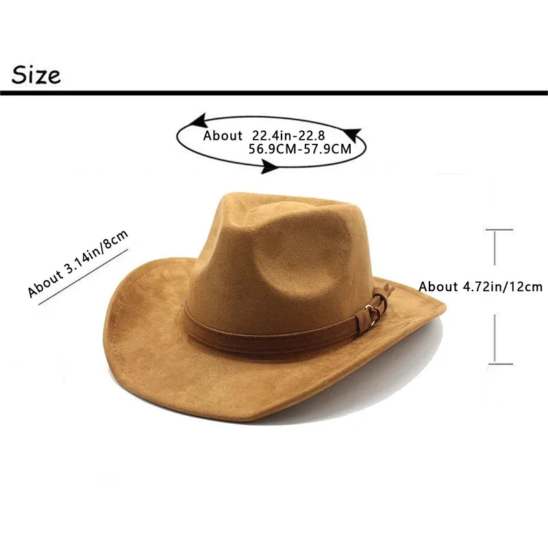 Women Men Felt Cowgirl Cowboy Hat Unisex Vintage Retro Soft Wide Brim Chamois Western Hat with Belt for Party