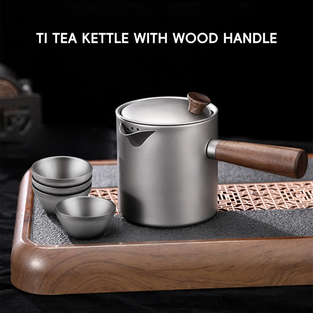 Ti Tea Kettle with Wood Handle Portable Tea Maker with Strainer for Camping Hiking
