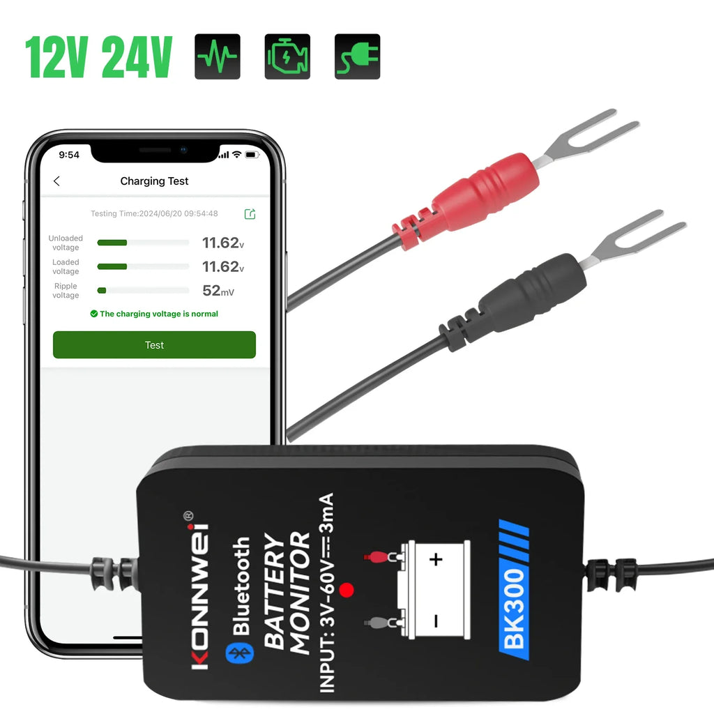 KONNWEI BK300 Lead Acid Starting Car Battery Detector 12V 24V Capacity Resistance Bluetooth 5.2 Automotive Battery Monitor Tool