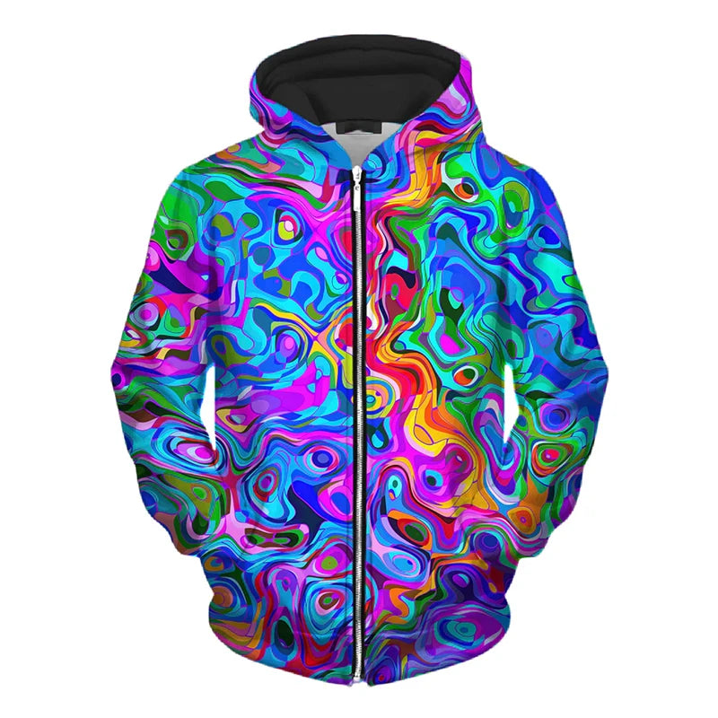 Cool Colorful Pattern Zip Hoodie Personality Street Harajuku Fashion Hooded Coat 3d Print Striped Dot 2024 Spring New Hoodies