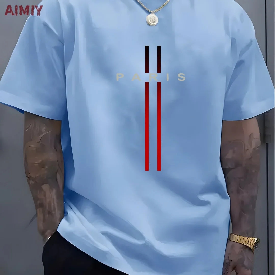 Summer Men's T-shirt Top Casual Loose Fit Oversized T-shirt PARI Letter Pattern Printed Round Neck Short Sleeved Homme Vêtement - Free Item.