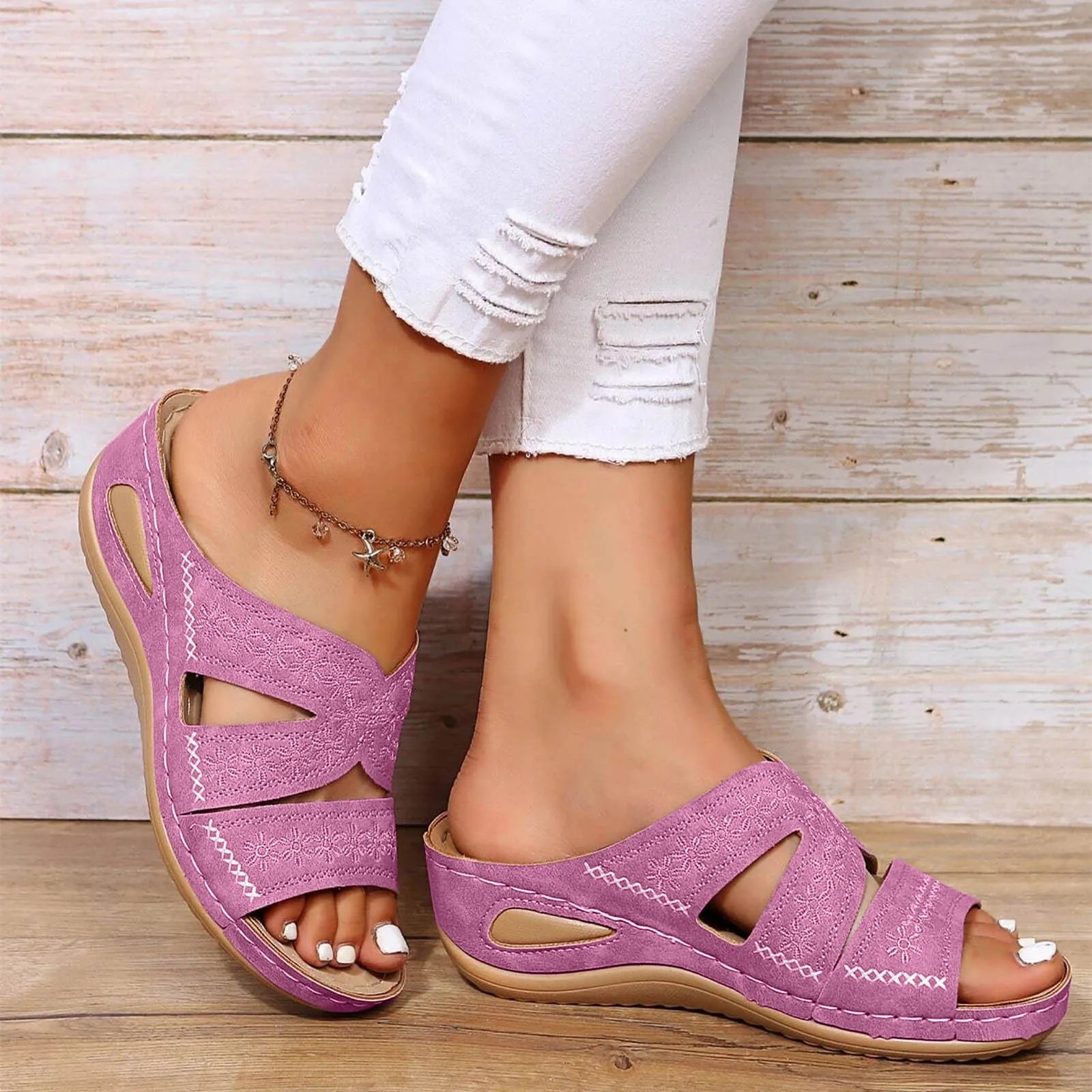 Women Wedge Slippers Premium Orthopedic Sandals Floral Embroidery Summer Open Toe Vintage Slippers Casual Platform Shoes Slides