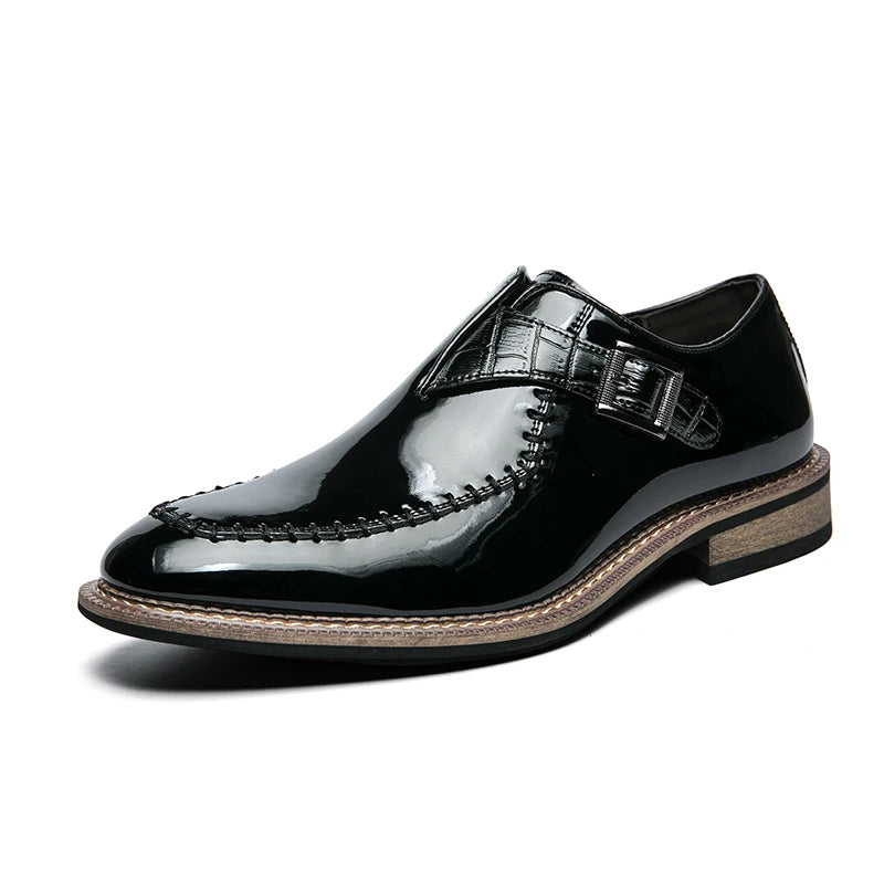 Red Men's Banquet Dress Shoes Luxurious Glossy PU Fashion Designer Leather Shoes Men's Commuting Wooden Heel Black Leather Shoes