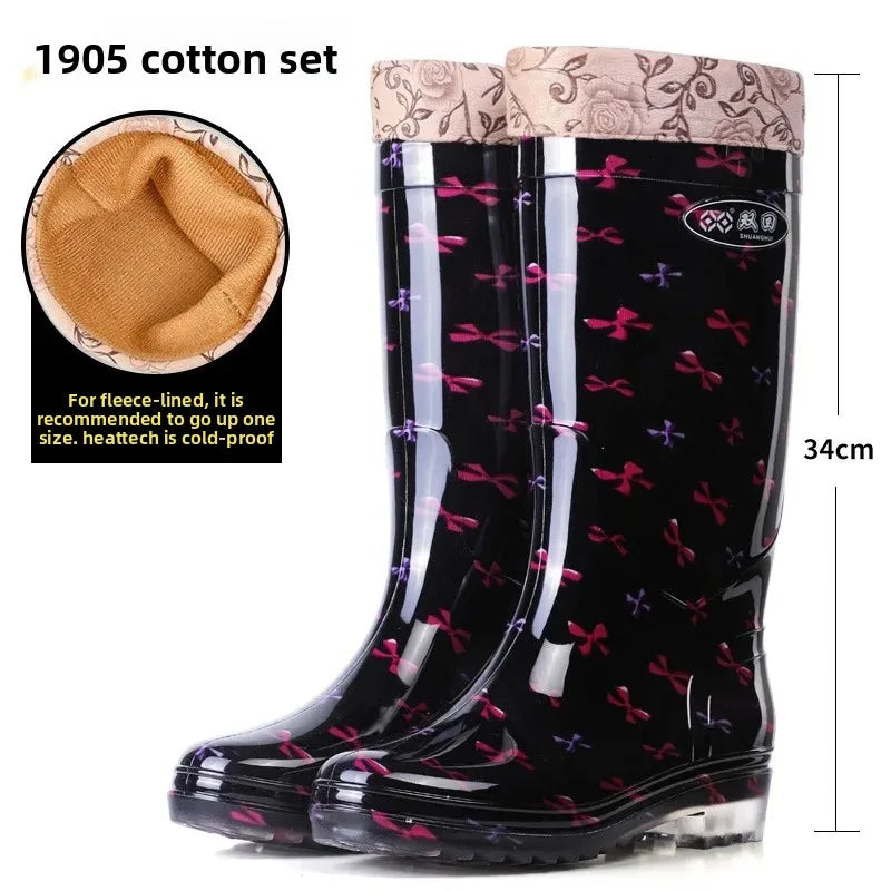Anti-Slip High-Tube Crystal Flower Ladies Rain Boots PVC Material Kitchen Dining Hall Cleaning Fashionable Water Shoes
