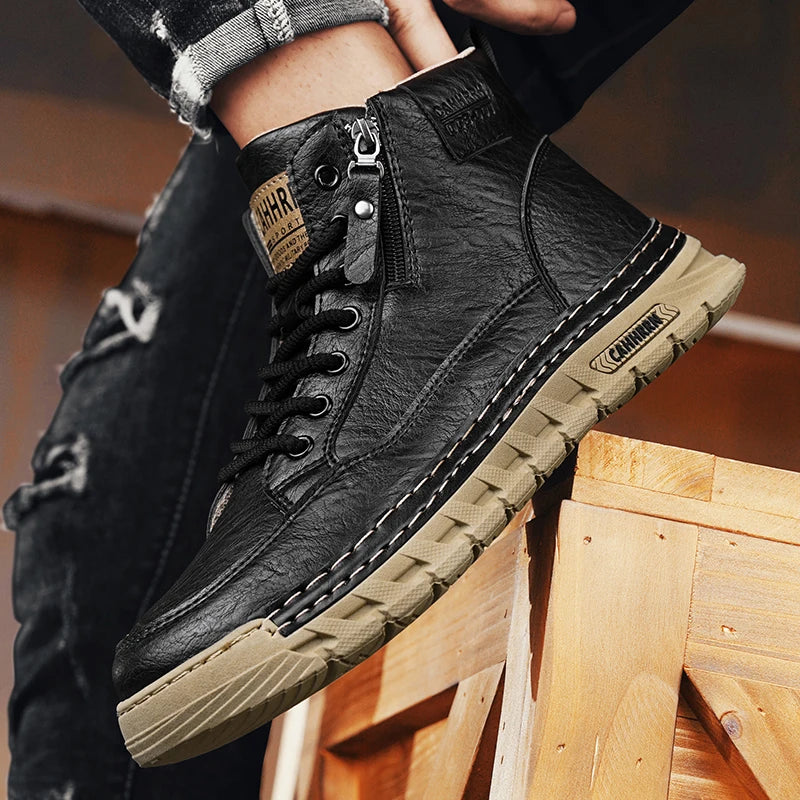 Mens High Top Leather Ankle Boots Comfortable Motorcycle Boots Non Slip Walking Training Shoes Botas Outdoor Treking Footwear