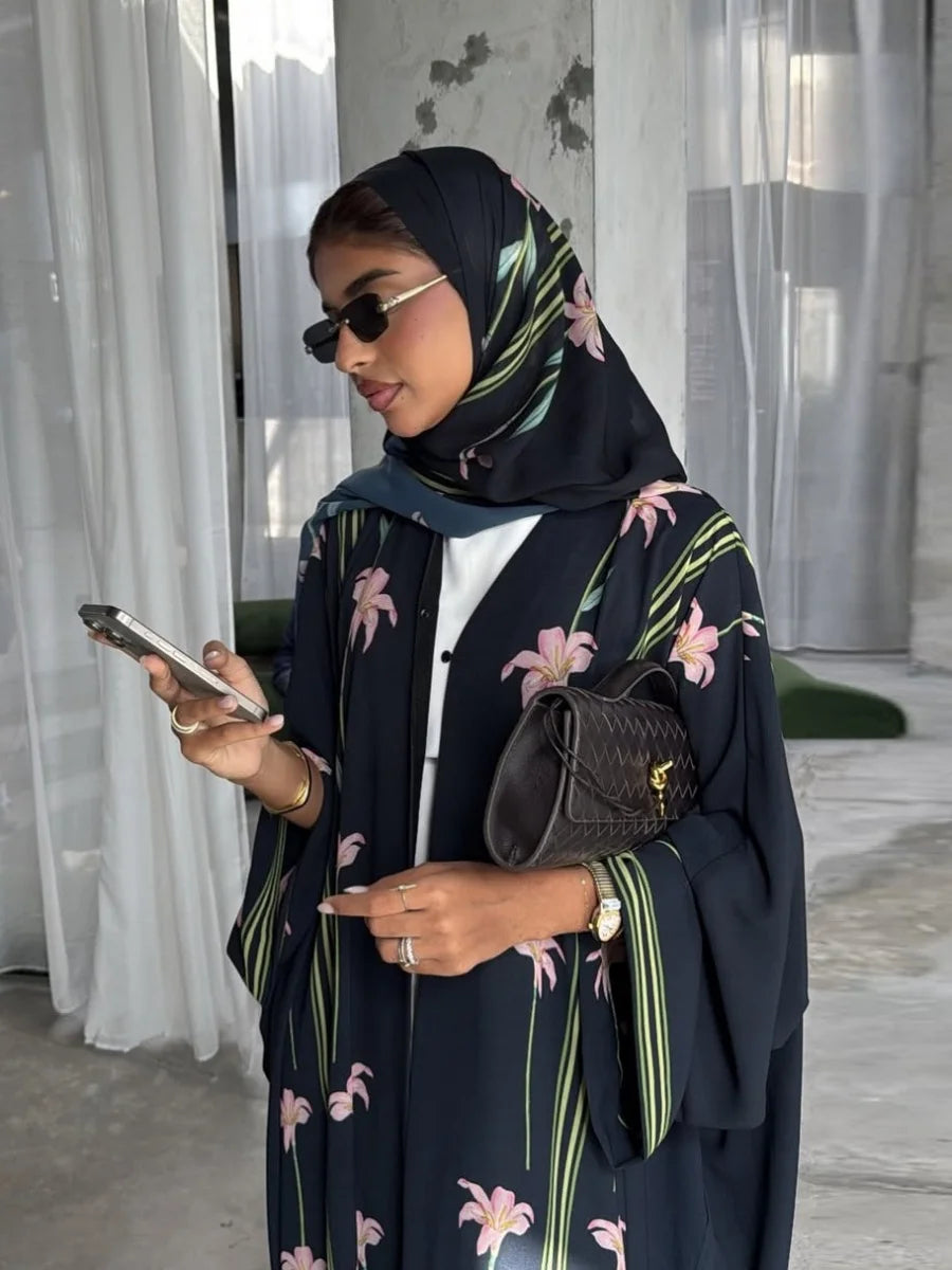 Siskakia Muslim Elegant Floral Print Women Open Abaya Mesh Hijab included Long Sleeve Kaftans