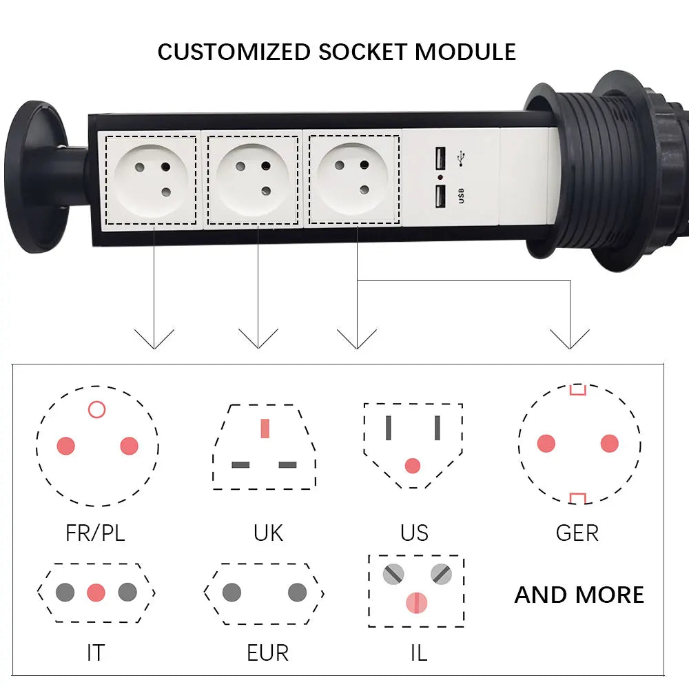 POP UP SOCKET Israel Socket,USB Plug,AC 110v-250v, Silver/Black ,PD 20W super charging  Office, Kitchen Hidden Lifting Socket,
