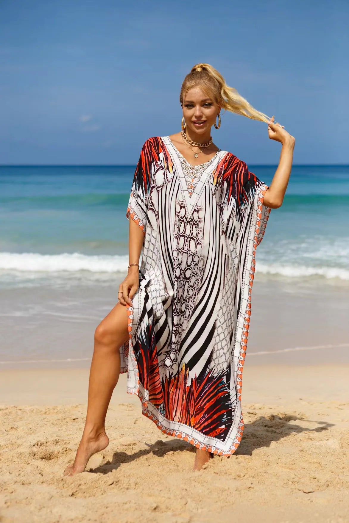 Kaftan Dresses Tropical Printed Cover Ups for Swimwear Women Elegant Maxi Robe Holiday Bathing Suits Dropshipping Hot Sales