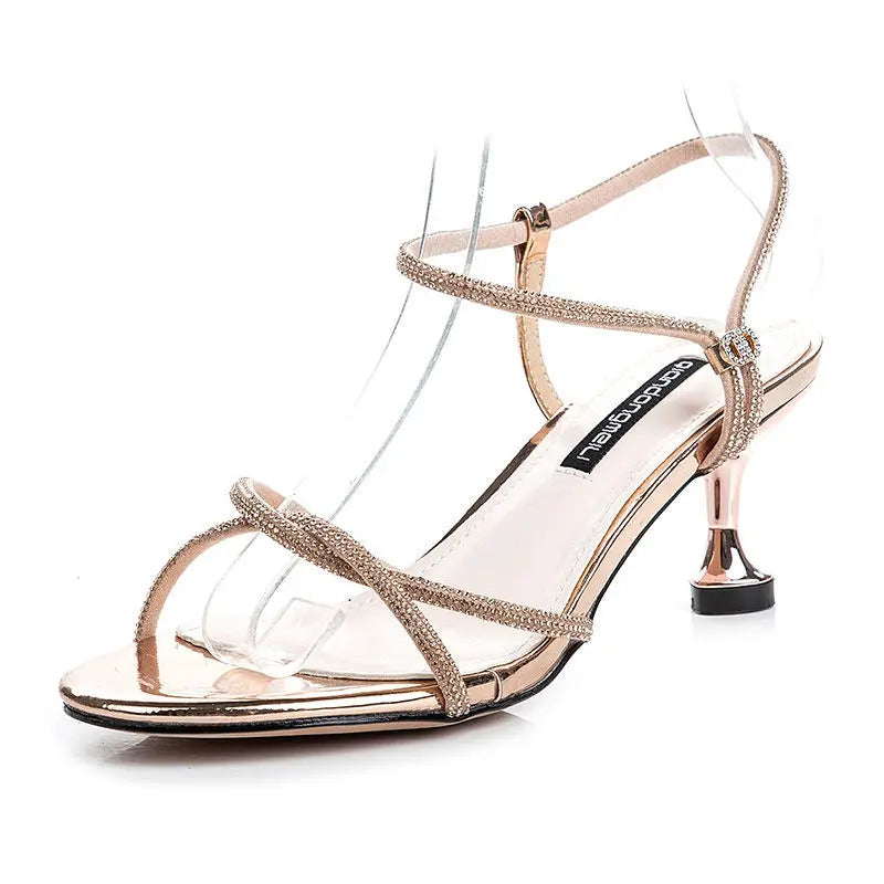 Ladies Shoes Silver Sandals for Women One Word Footwear Rhinestones Summer 2025 Diamond Open Toe with Medium Heels Designer H F