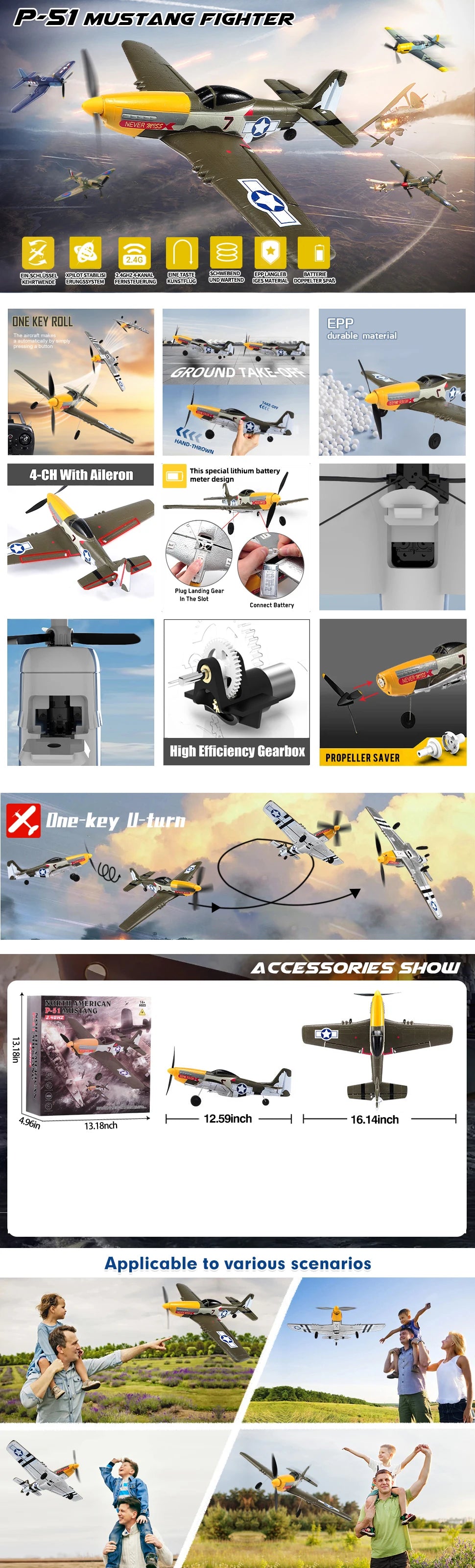 RC Plane P51 Mustang 2.4G Radio EPP Foam 4CH 6 Axis 410MM Wingspan RC Fighter One Key Aerobatic RTF Aircraft Toys