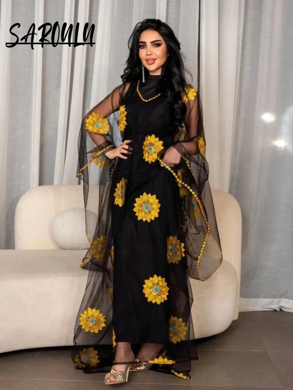 Kaftan Floral Embroidery Plus Size Evening Dress Elegant Black Delicate Abaya Prom Gown S-2XL Beautiful Banquet Women Wear