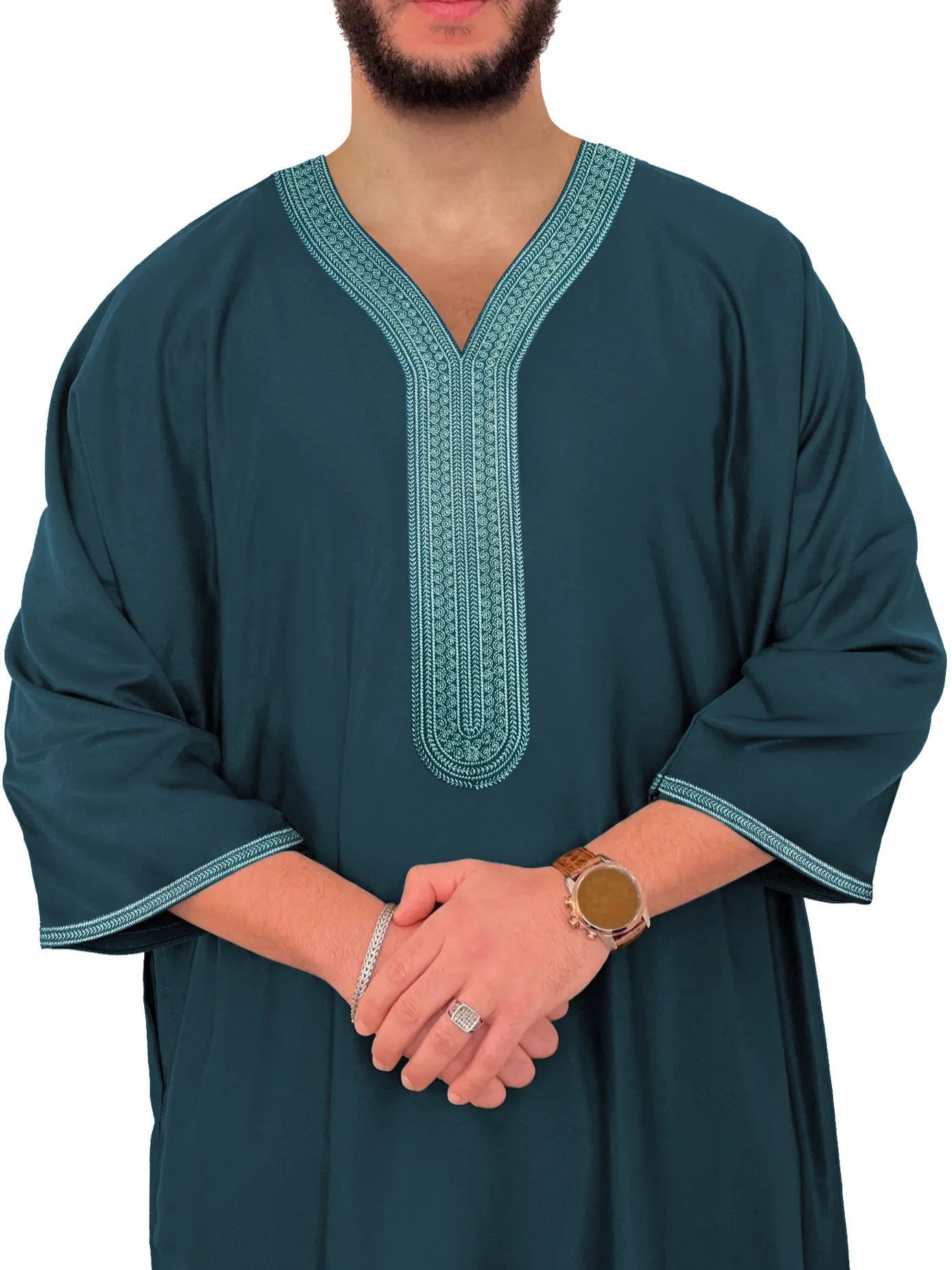 2026 Summer Kaftan Men's Muslim Fashion Abayas Short Sleeve Embroidered Loose Casual Robe Breathable Ethnic Style Moroccan Thobe
