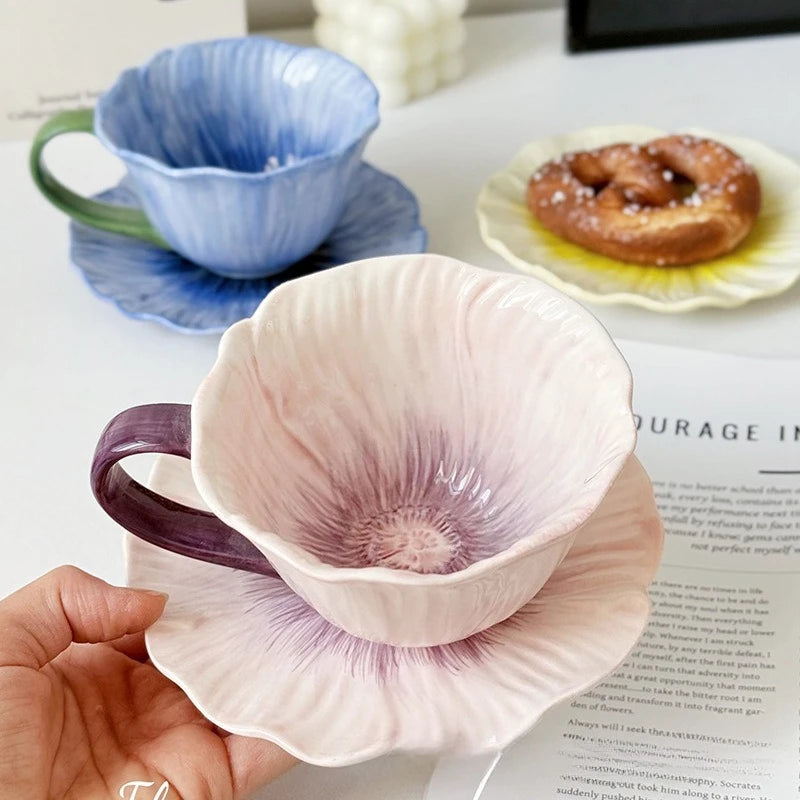 350Ml Ceramic Flower Coffee Cup Design Sense Niche Women High Value Latte Cups Beautiful  Saucer Set  Tea Cup Set Coffee Mug