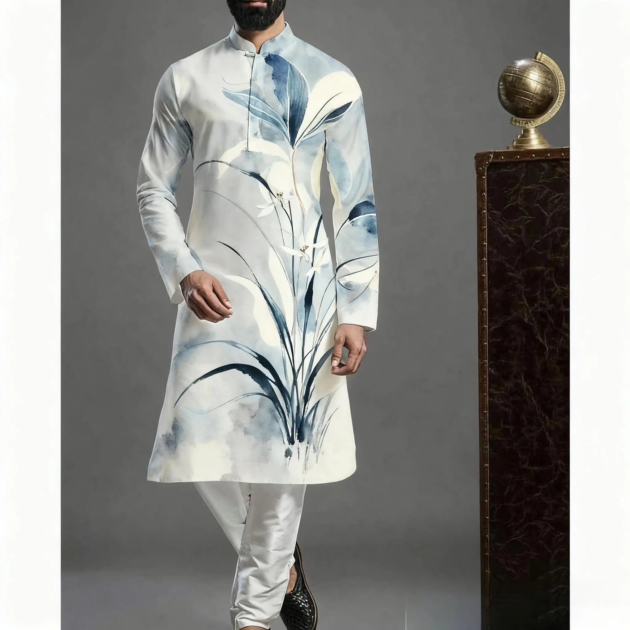 Muslim Kurtta Shirt Men Clothes Folk Kaftan Musulman Kurta Indian Islamic Clothing National Printed Long Sleeve Shirts