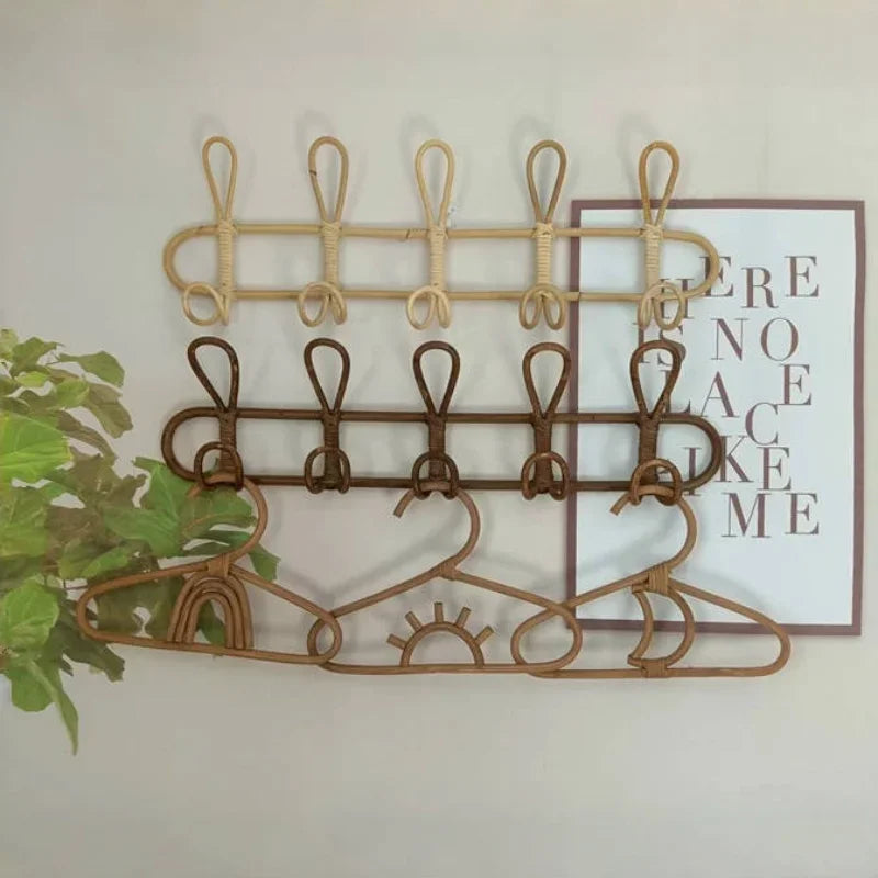 Rattan Hanger Rattan Wall Hooks Kids Garments Organizer Rack Clothes Hat Hanging Hook Kids Room Clothing Storage Decor Hangers