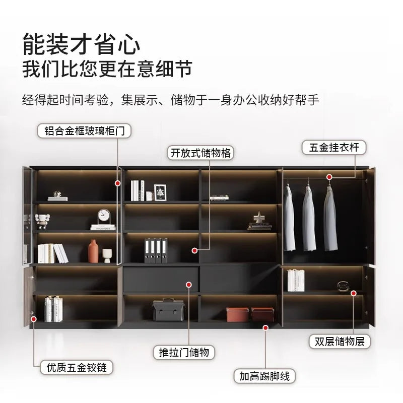 File Cabinet Wooden Office Bookcase Boss Background Cabinet Data Cabinet Locker Simple Modern Glass Door Against The Wall