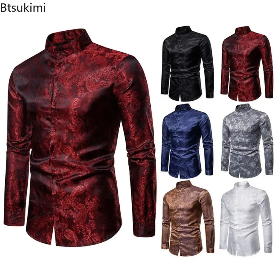 2026 New Men Fashion Medieval Floral Black Dress Shirts Stylish Long Sleeve Steampunk Shirt Men Party Club Bar Social Shirt Male