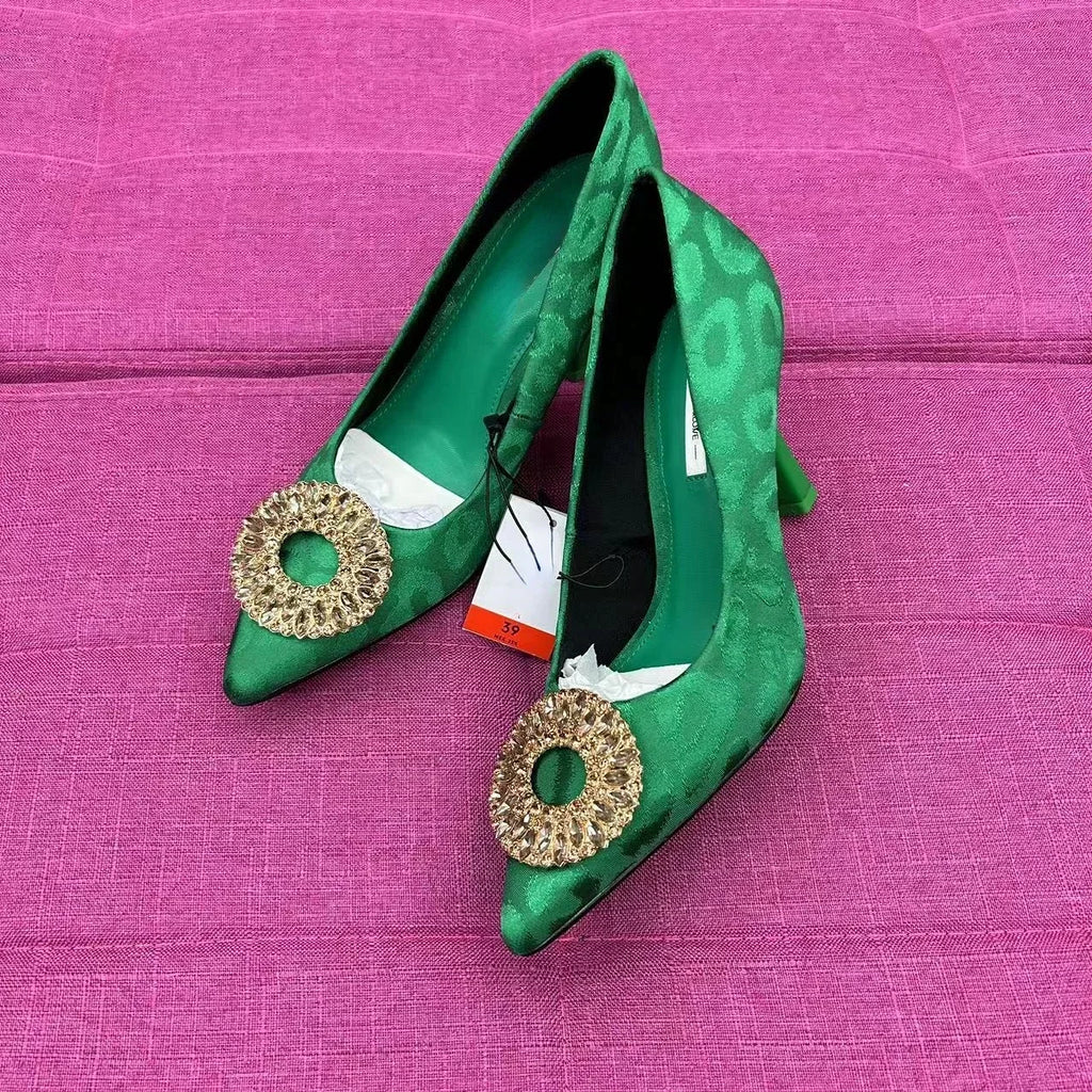 High Heeled Dress Shoes for Women Bling Crystal Rhinestone Circle Pointed Patterned Luxury Brand Wedding Bridal Ladies Pumps