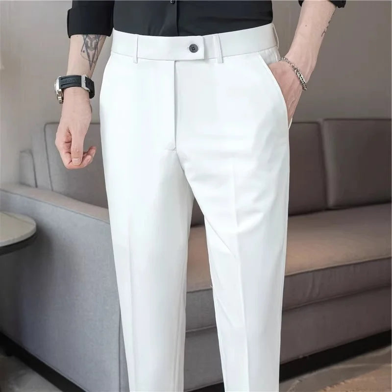 Summer Thin Men's White Casual Khakis 2025 New Nine-Piece Pants Side Button Busin Trendy Straight Leg Trousers for Young Men