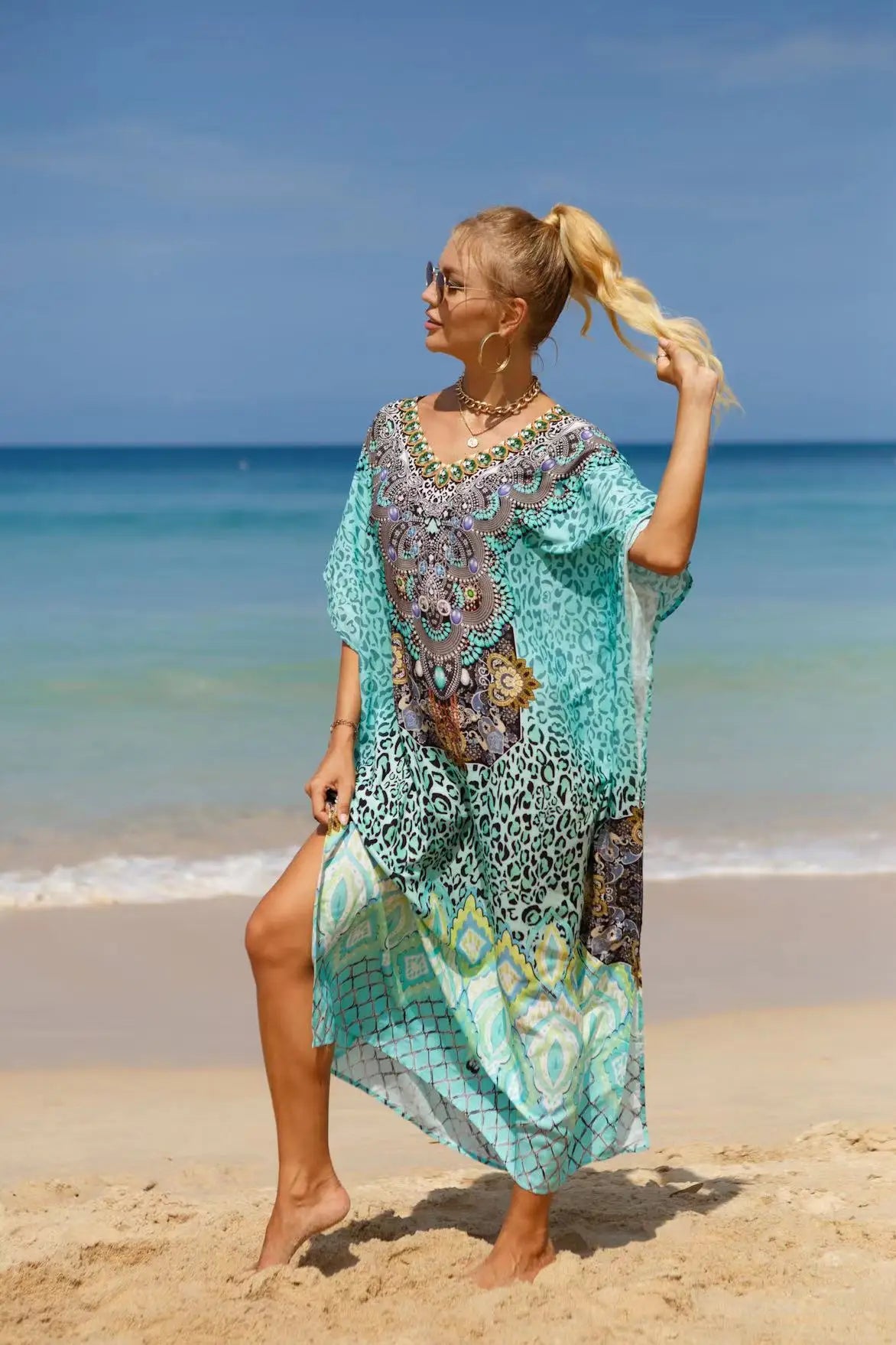 Kaftan Dresses Tropical Printed Cover Ups for Swimwear Women Elegant Maxi Robe Holiday Bathing Suits Dropshipping Hot Sales