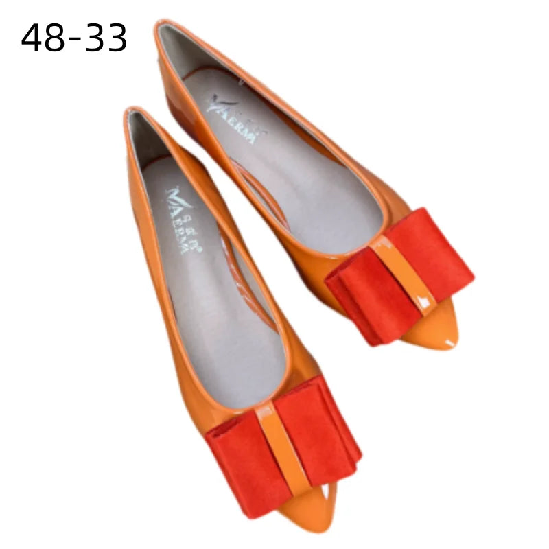 Women Shiny Leather Pointy Tip Slip-On Orange Green Flat Shoes Leathers Low Top Chaussures Bow 34 48 Skinny Shoes For Slim Feet