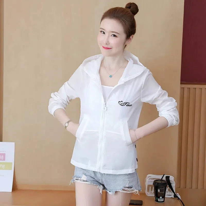 Summer Women's Jacket 2023 New Korean Long Sleeve Thin Coat Hooded Jacket Sun Protection Cardigan Outerwear