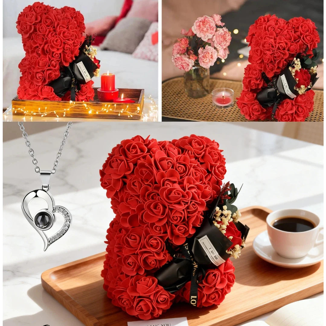 Valentines Gifts for Women,Rose Bear Birthday Mother's Day Valentine's Gifts for Her, Rose Teddy Bear with I Love You Necklace