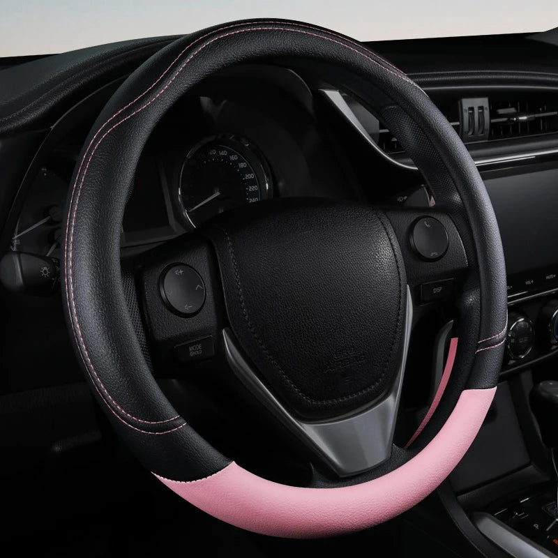 PU Leather Contrast Colour Car Steering Wheel Cover  Sweat Absorbent, Wear Resistant and Non-slip, Universal in All Seasons - Free Item