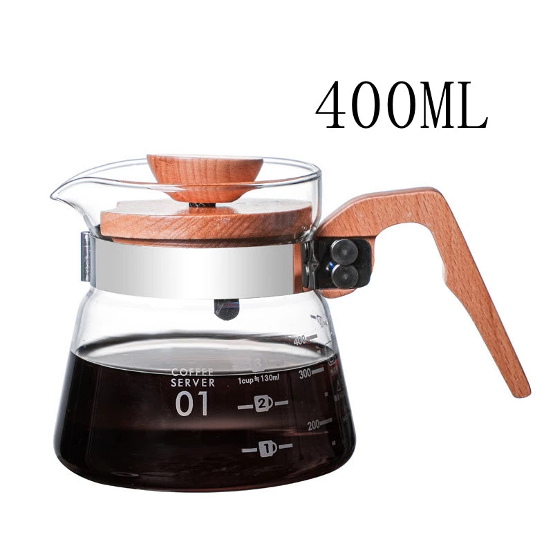 400/600ML Glass Pouring Cup Coffee Server with Wooden Handle High Borosilicate Glass Hand Brewed Coffee Sharing Pot
