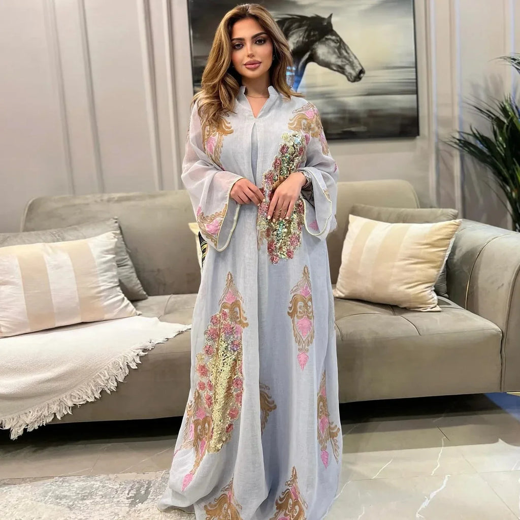 Kaftan Muslim Abaya Clothes for Muslim Women Summer Fashion Muslim Women Long Sleeve V-neck Sequin Long Maxi Dress Dubai Abaya