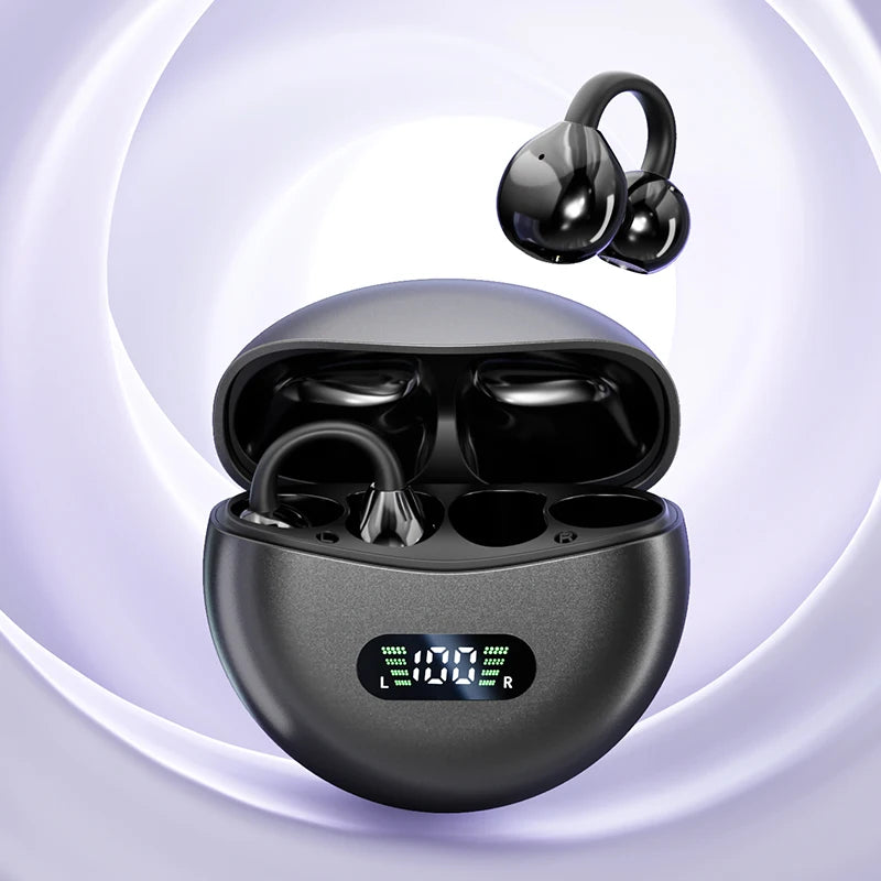 Wireless Bone Conduction HIFI Bluetooth 5.4 Earbuds Clip On Ear With Mic Digital Display Waterproof Sport Headsets 2025