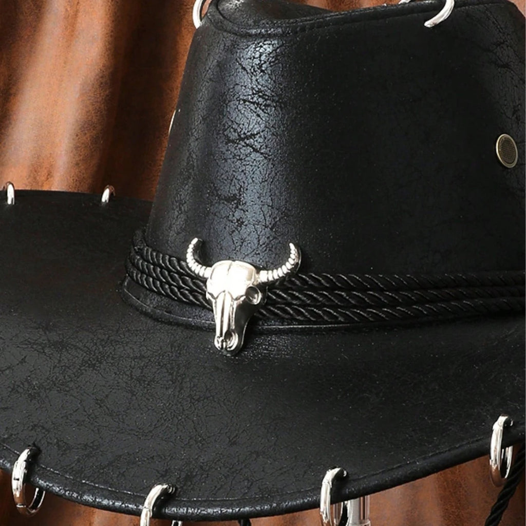 HongLuan Black Cowboy Adjustable Hat PU Leather for Man Travel Western Fashion Cowgirl with Bullhead Badge Outdoor Hats Woman