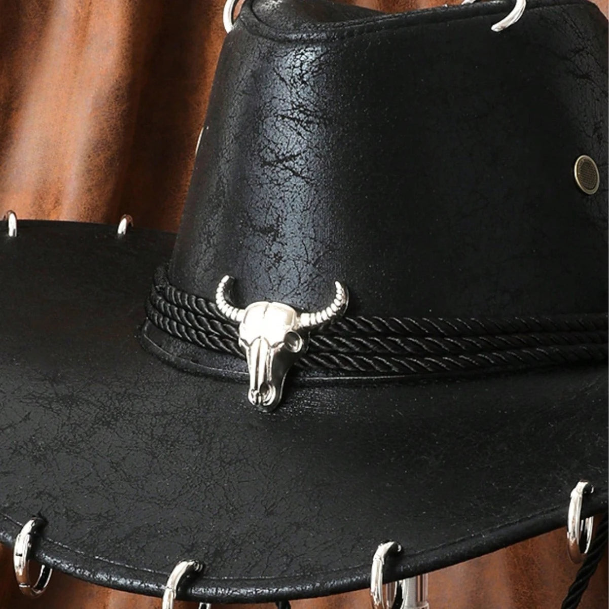 HongLuan Black Cowboy Adjustable Hat PU Leather for Man Travel Western Fashion Cowgirl with Bullhead Badge Outdoor Hats Woman