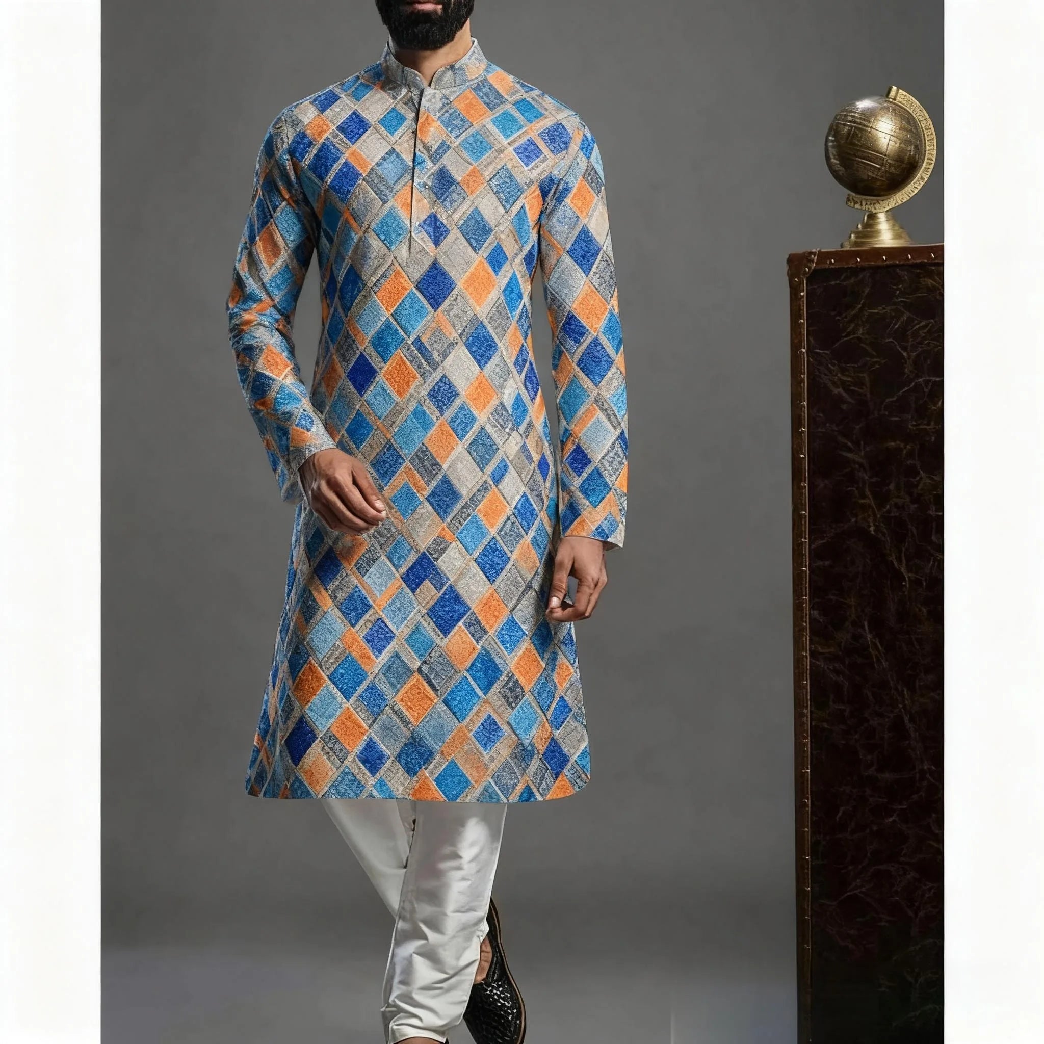 Muslim Kurtta Shirt Men Clothes Folk Kaftan Musulman Kurta Indian Islamic Clothing National Printed Long Sleeve Shirts