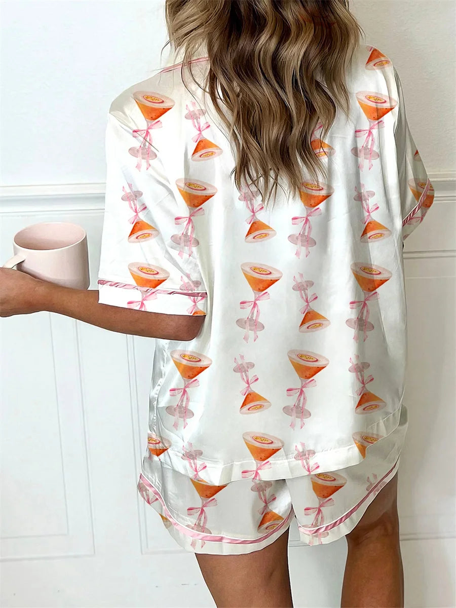 Women s Cute Pajama Set with Bow Print Lapel V Neck Short Sleeve Top and Shorts Comfortable Lounge Wear 2 Piece Set for Summer