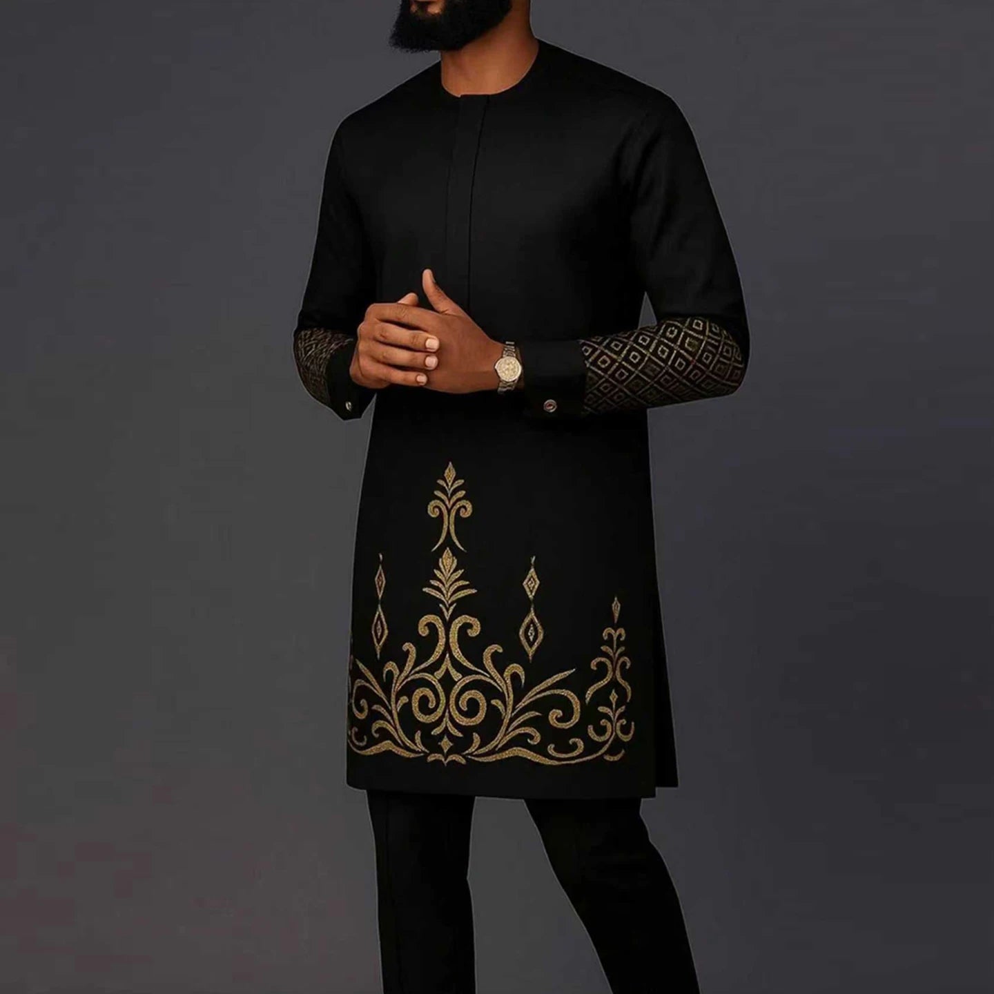 Kaftan Luxury Designer Men's Set African Clothing Men Suit Solid Color Embroidered Top and Sweatpant 2Pcs Festive Wedding Simple