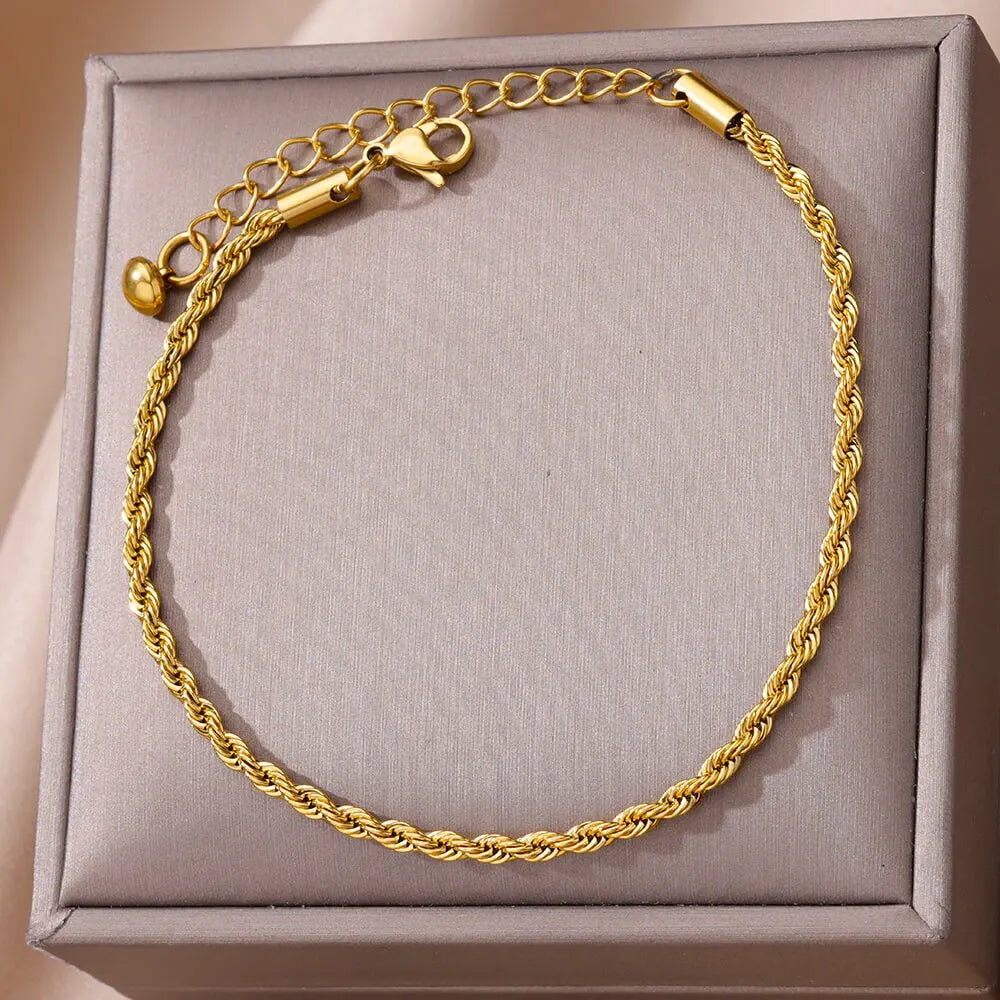 Punk Vintage Twist Rope Chain Anklets for Women Men Gold Color Adjustable Stainless Steel Anklet Jewelry Accessories Gifts 2024
