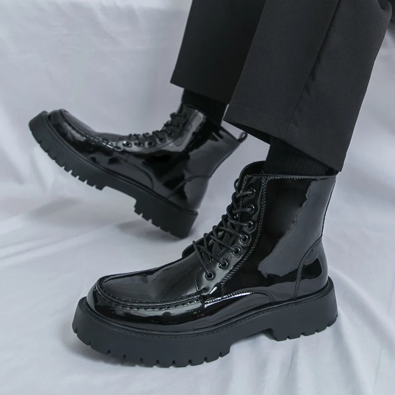 Men High Top Boots with PU Round Toe  Lightweight Sole Comfortable Fashionable Classic Casual Lace Up Side Zipper Men Boots