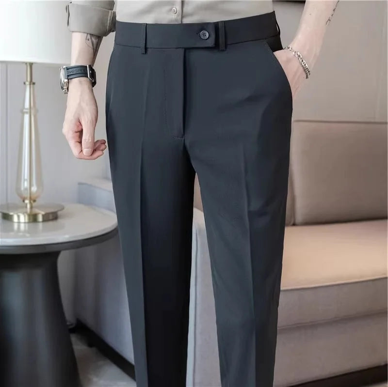 Summer Thin Men's White Casual Khakis 2025 New Nine-Piece Pants Side Button Busin Trendy Straight Leg Trousers for Young Men