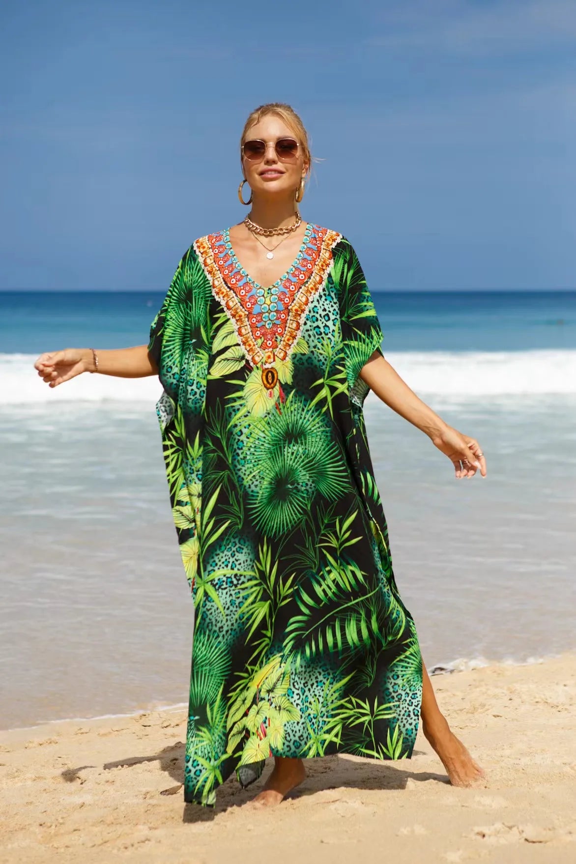 Kaftan Dresses Tropical Printed Cover Ups for Swimwear Women Elegant Maxi Robe Holiday Bathing Suits Dropshipping Hot Sales