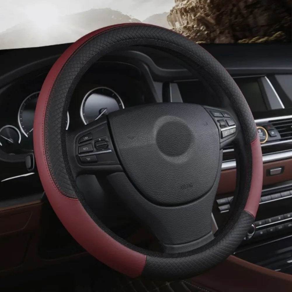 38cm Steering Wheel Cover PU Leather Anti Slip Steer Wheel Protector Fiber Braid Breathable Steering Cover