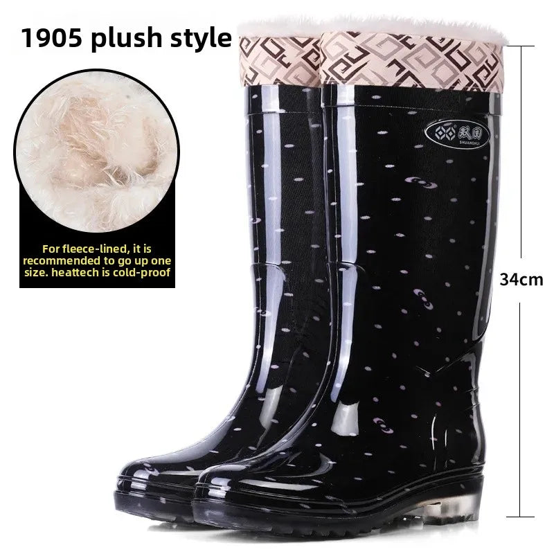 Anti-Slip High-Tube Crystal Flower Ladies Rain Boots PVC Material Kitchen Dining Hall Cleaning Fashionable Water Shoes
